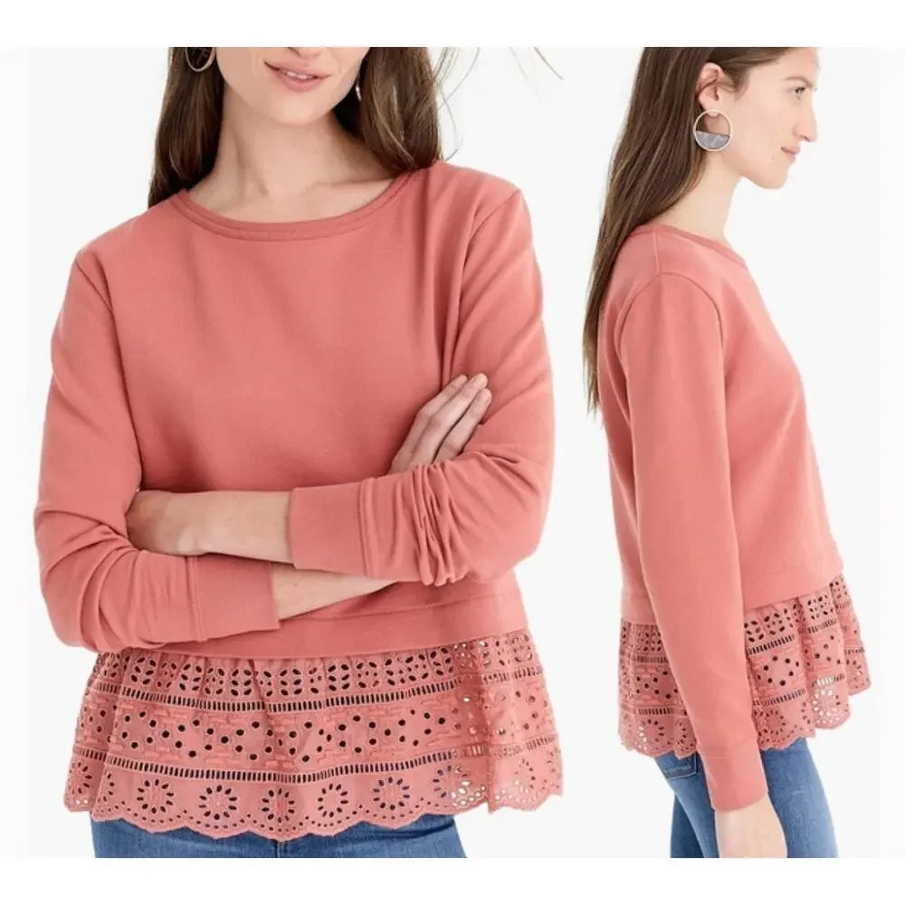 J CREW Eyelet Ruffle Eyelet Hem Sweatshirt Size Large 2633
